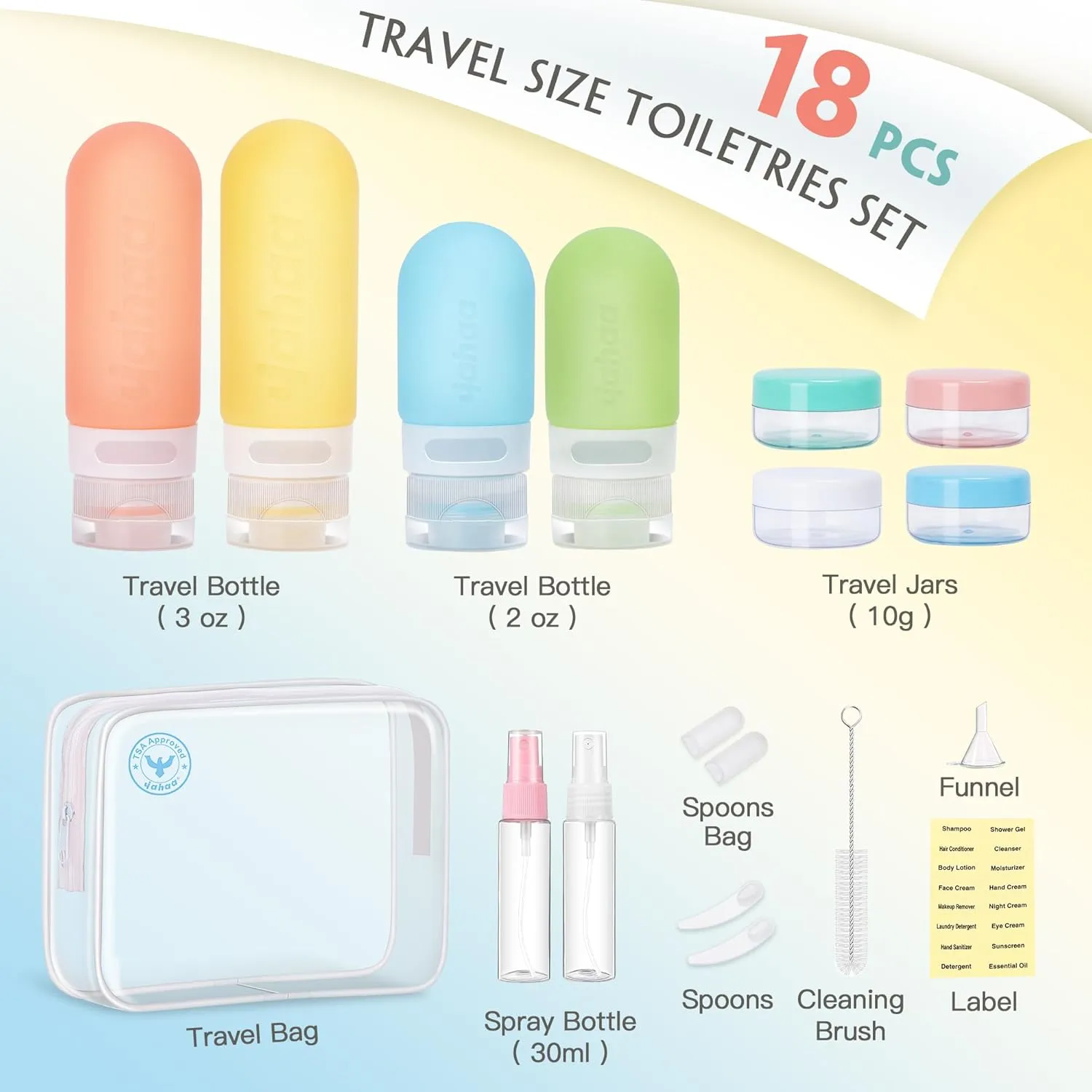 18 Pcs Travel Size Toiletries Set,Leak Proof Squeezable Silicone Travel Bottles for Shampoo and Conditioner,TSA Approved Travel Essentials Accessories,White Pack