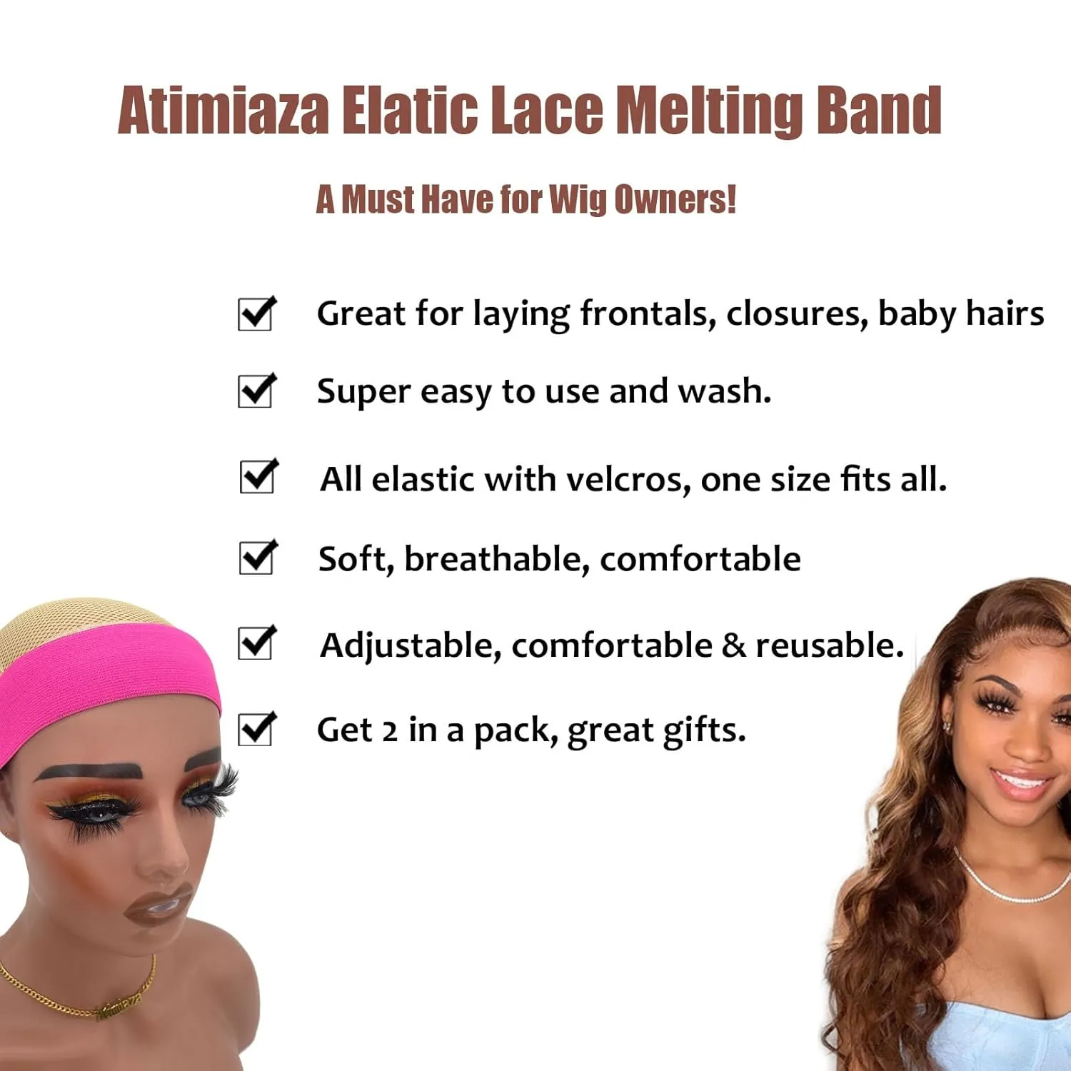 2 Pcs Elastic Bands for Wigs - Lace Melting Edge Wrap to Lay Edges, Melt Band for Lace Front Wigs (Black Pink, Pack of 2)