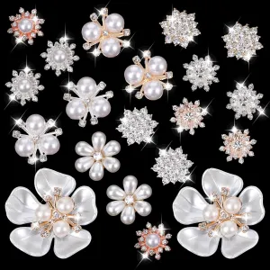 20 PCS Pearl Flower Buttons, Vintage Pearl Brooch for Jewelry Making Alloy Floral Pendants Rhinestone Button Charm Embellishments for Jewelry Making Clothes Bags Shoes Supplies Wedding DIY