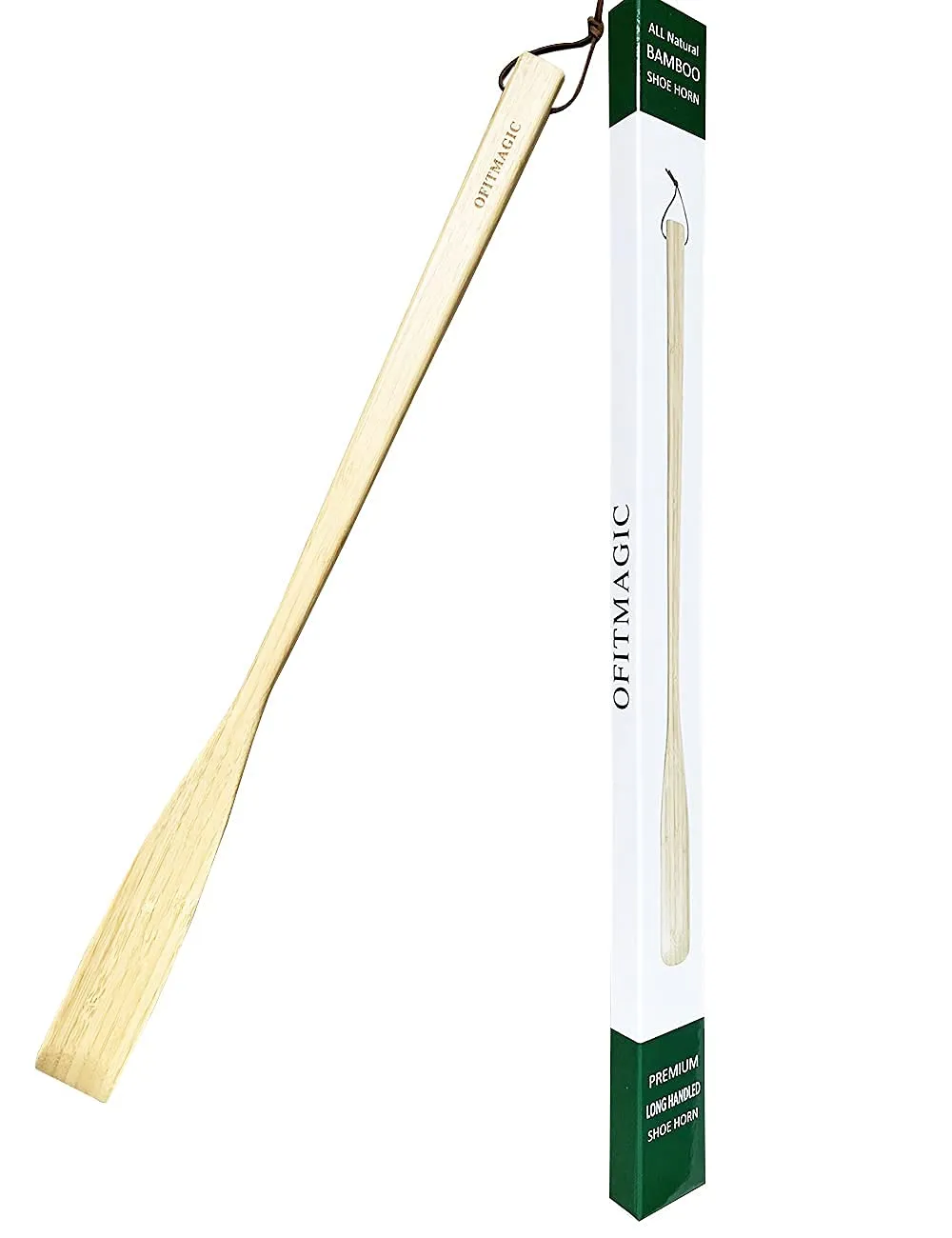 21.6'' Long Handled Bamboo Wooden Shoe Horn,Wood Shoe Horn Long Handle for Seniors,Women and Men to Use While Standing,Professional Wooden ShoeHorn with Leather Strap for Hanging