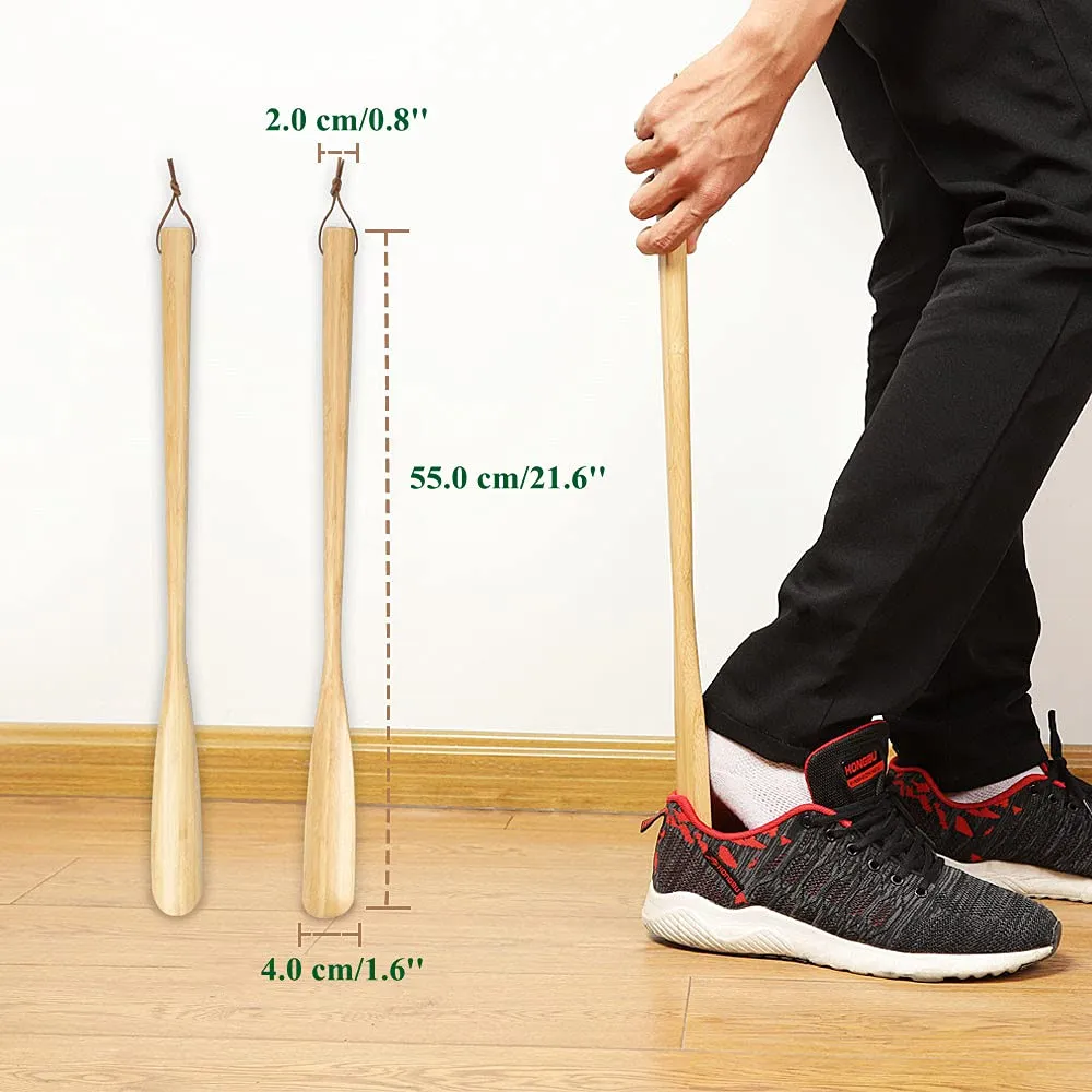 21.6'' Long Handled Bamboo Wooden Shoe Horn,Wood Shoe Horn Long Handle for Seniors,Women and Men to Use While Standing,Professional Wooden ShoeHorn with Leather Strap for Hanging