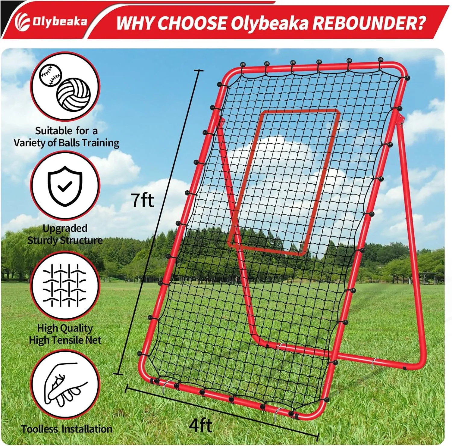 7x4 FT Multi-Sport Rebounder Net for Baseball Volleyball Softball Soccer Lacrosse, Bounce Back Fielding Trainer  Sturdy Steel Frame, Portable with Carry Bag  Great for Team & Solo Training