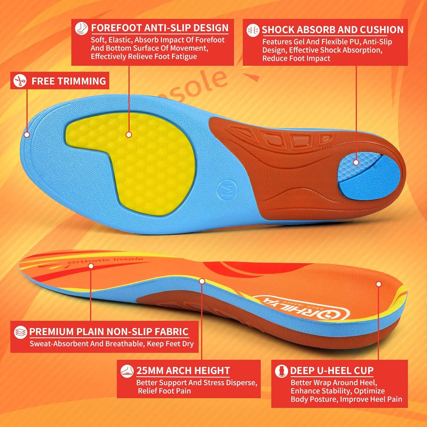 Arch Support Insert Plantar Fasciitis Pain Relief Heel Spur Orthopedic Insole Men Women, Flat Feet Comfort Gel Work Boot Shoe Orthotic Insert Long Time Standing, XS