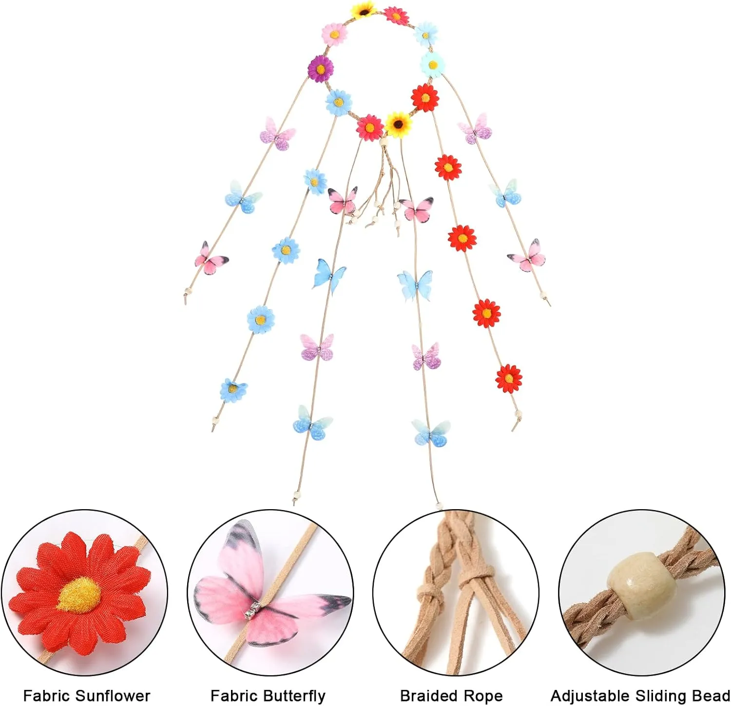AWAYTR Sunflower Headband Women Hippie Headwear Bohomia Feather Rope Crown Headdres for girls