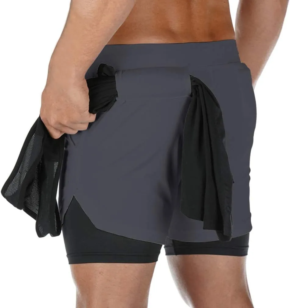 BOOMLEMON Men's 2-in-1 Running Workout Shorts Gym Training Athletic Short Pants with Towel Loop