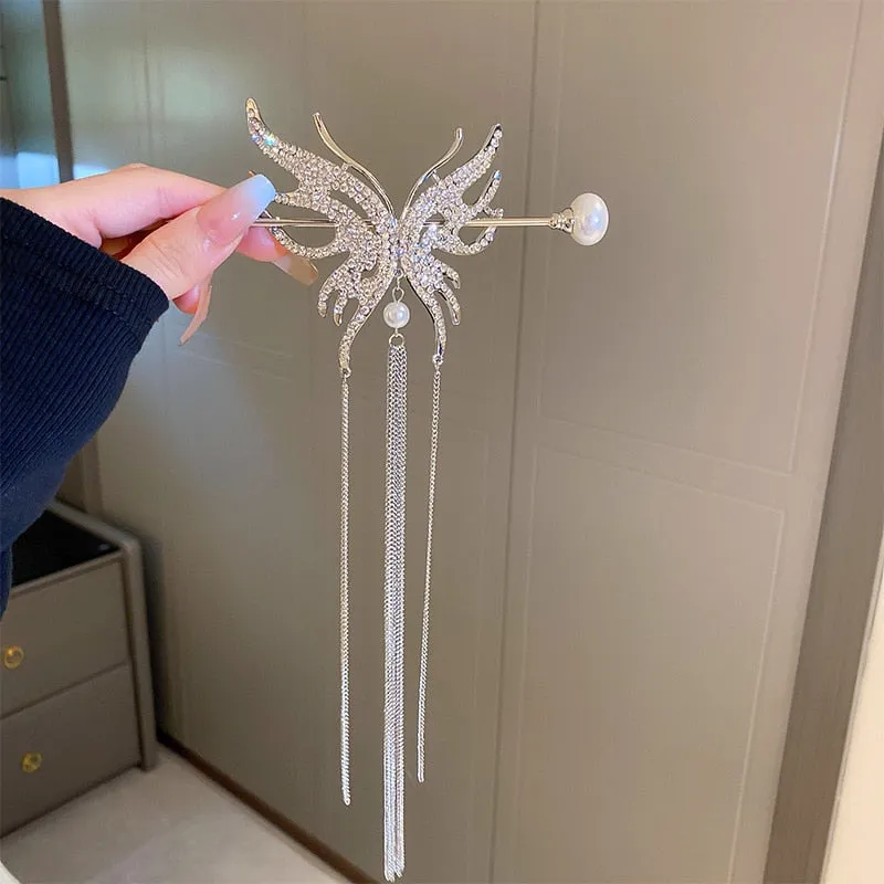Chic Butterfly Pearl Tassel Hair Clip