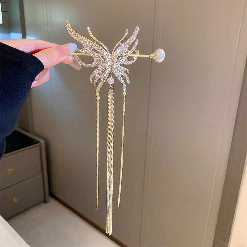 Chic Butterfly Pearl Tassel Hair Clip