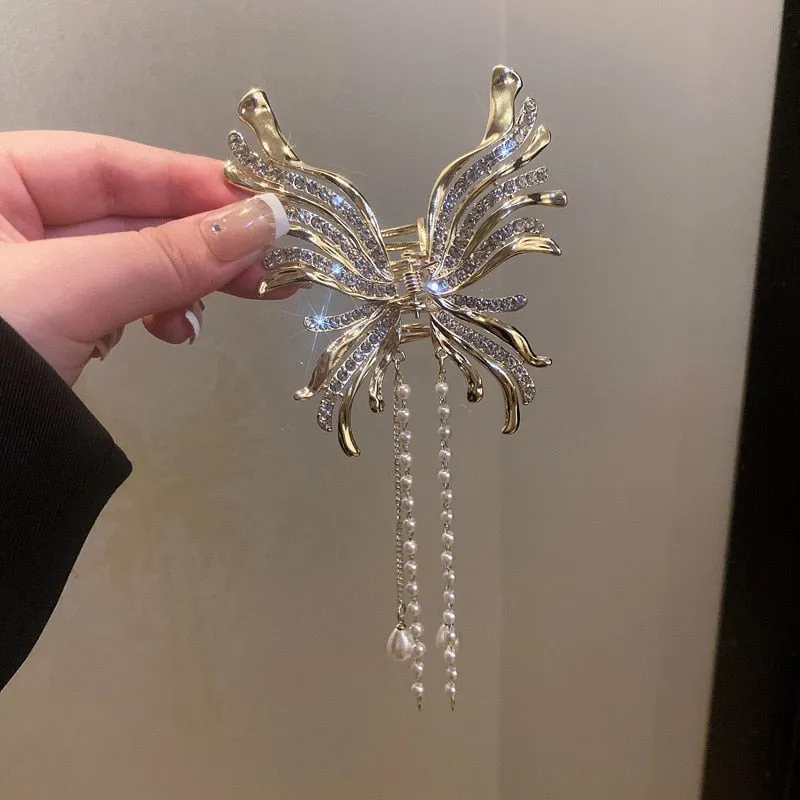 Chic Butterfly Pearl Tassel Hair Clip