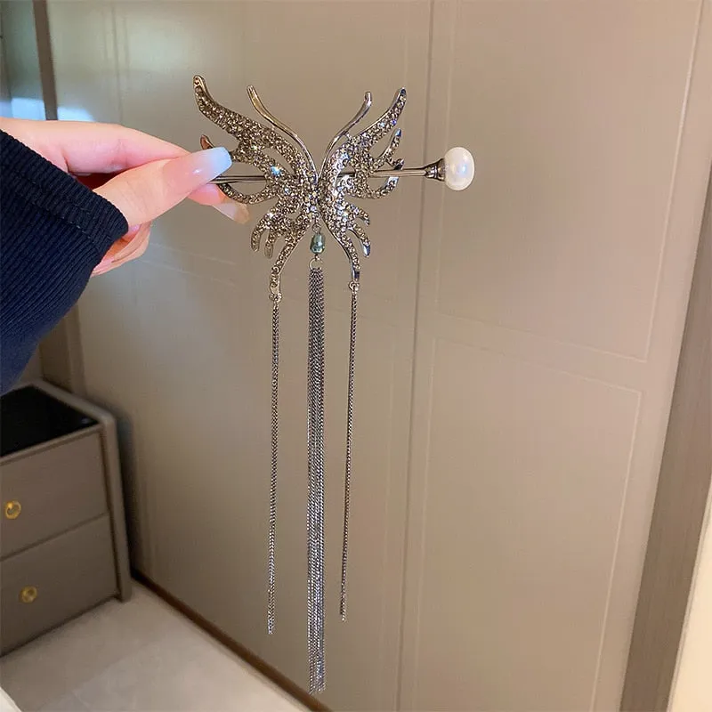 Chic Butterfly Pearl Tassel Hair Clip