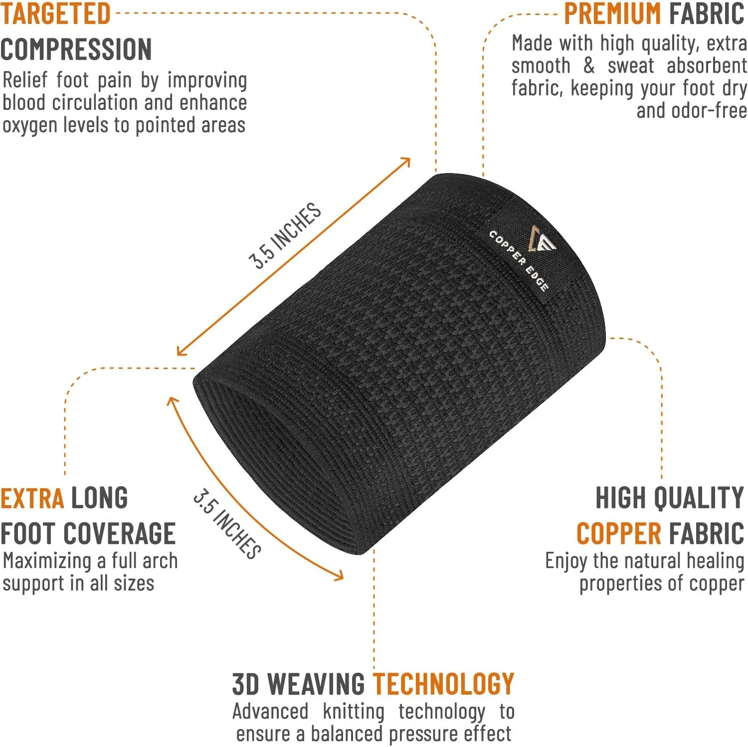 Copper Arch Support for Plantar Fasciitis. 2 Half Socks/Sleeve Compression Brace for Women and Men. Orthotics Feet Pain Aid Fit for Flat/High/Fallen Arches (Copper Arch Black)