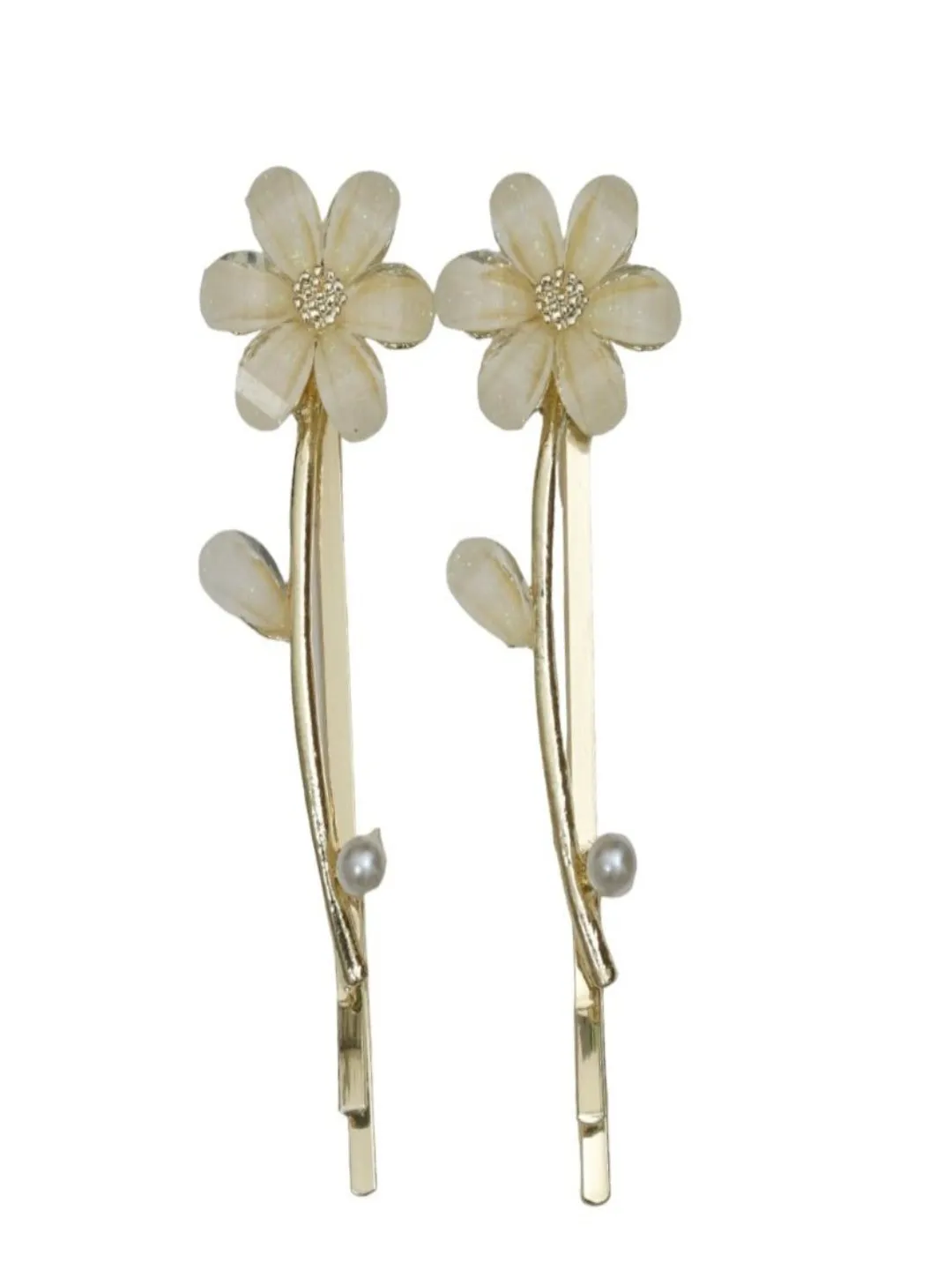 Embellished Acrylic Flower Hair Clip- Pack of 2, Golden and White