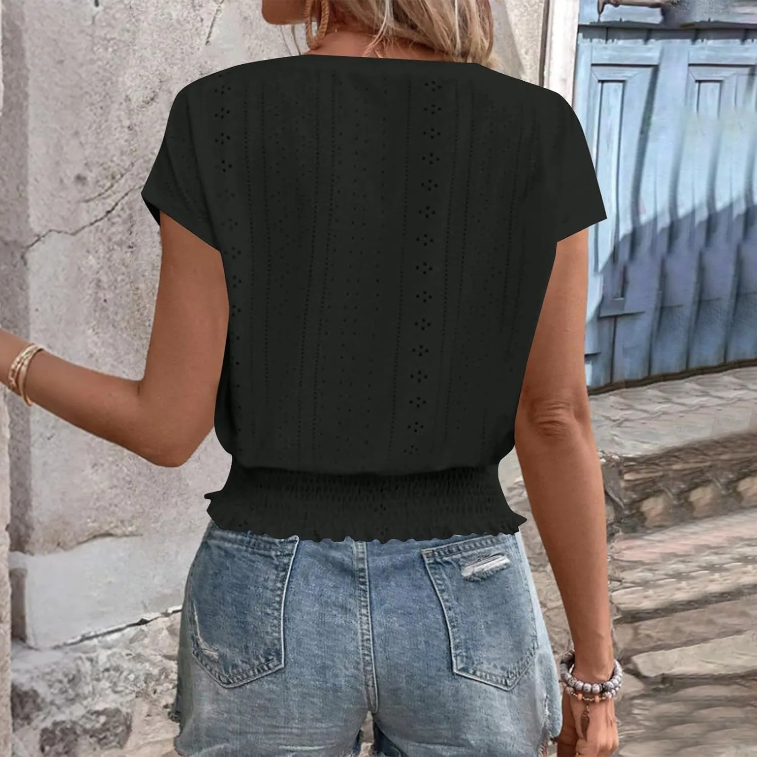 Eyelet Tops for Women Summer V Neck Short Sleeve Shirts Fashion Smocked Waist Crop Tops Casual Plain T Shirts 2025