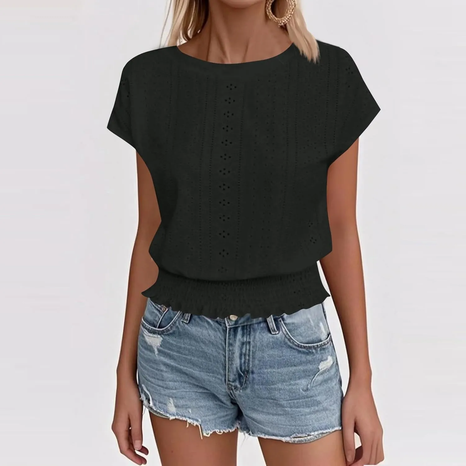 Eyelet Tops for Women Summer V Neck Short Sleeve Shirts Fashion Smocked Waist Crop Tops Casual Plain T Shirts 2025