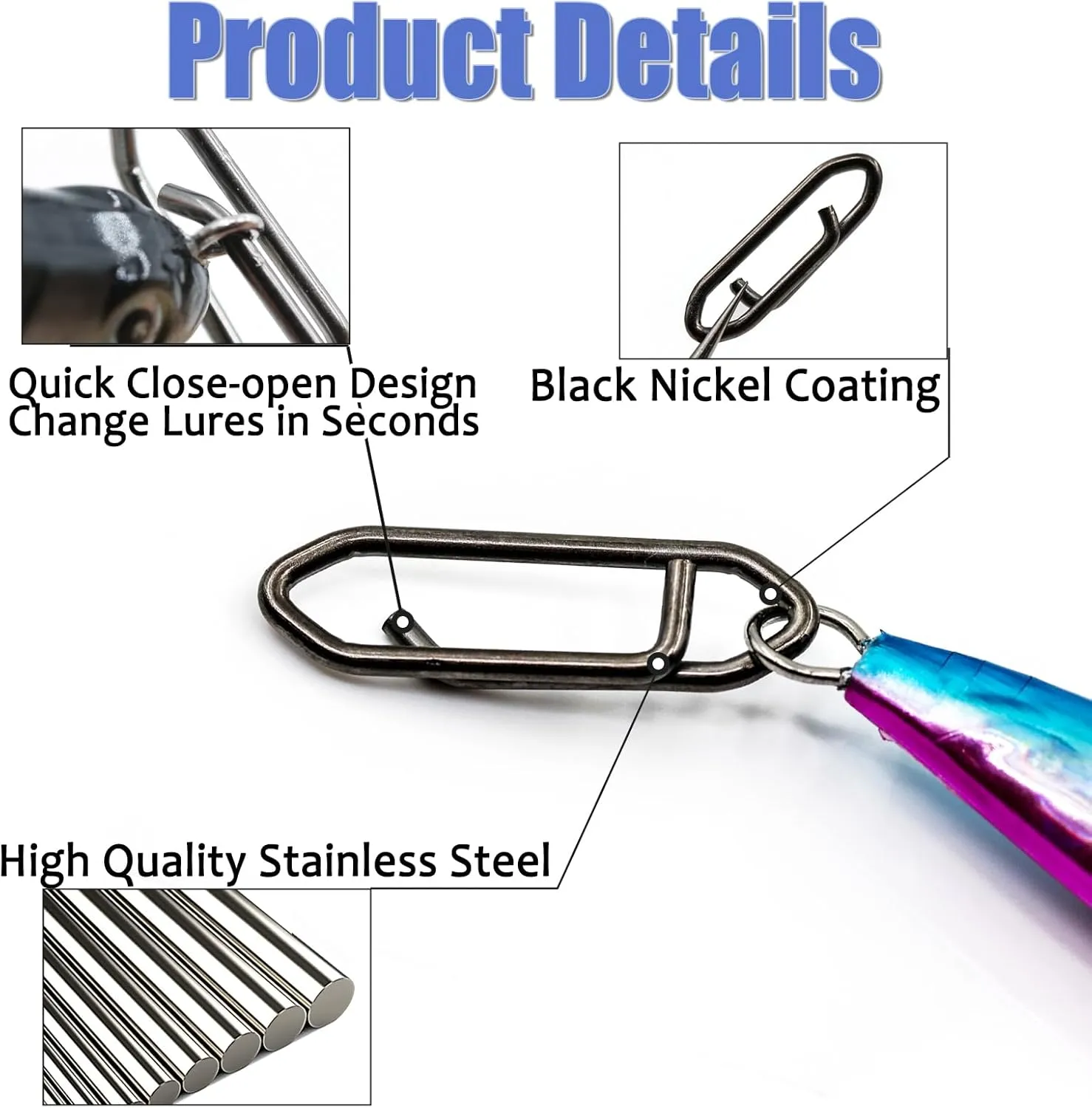 Fishing Clips Power Clip - 50pcs Quick Change Connector Link Split Rings Snaps Saltwater Freshwater