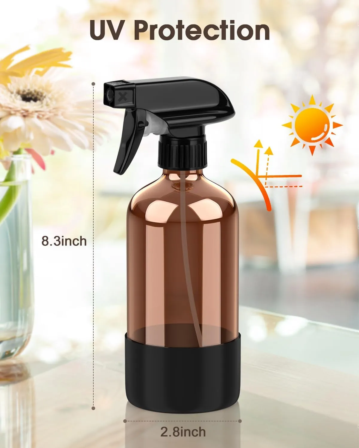 Glass Spray Bottle with Silicone Sleeve Protection, Amber Glass Spray Bottle Set for Non-toxic Window Cleaner Aromatherapy Facial Hydration Watering Flowers Hair Care 2 Pack/16 oz (Black & Brown)