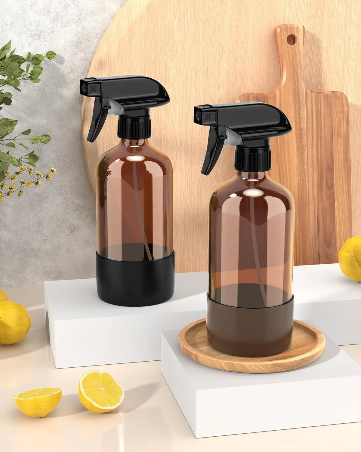 Glass Spray Bottle with Silicone Sleeve Protection, Amber Glass Spray Bottle Set for Non-toxic Window Cleaner Aromatherapy Facial Hydration Watering Flowers Hair Care 2 Pack/16 oz (Black & Brown)
