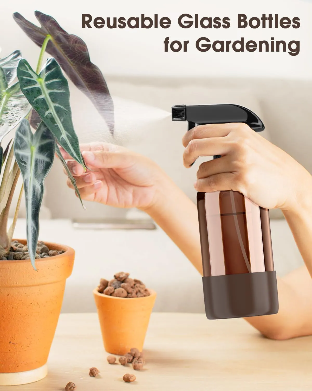Glass Spray Bottle with Silicone Sleeve Protection, Amber Glass Spray Bottle Set for Non-toxic Window Cleaner Aromatherapy Facial Hydration Watering Flowers Hair Care 2 Pack/16 oz (Black & Brown)