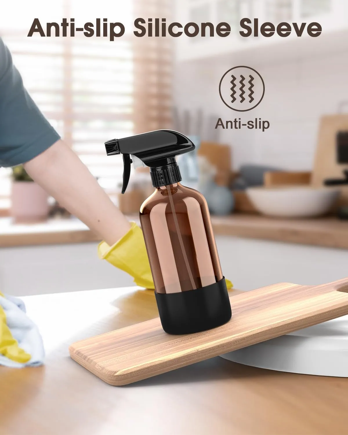 Glass Spray Bottle with Silicone Sleeve Protection, Amber Glass Spray Bottle Set for Non-toxic Window Cleaner Aromatherapy Facial Hydration Watering Flowers Hair Care 2 Pack/16 oz (Black & Brown)