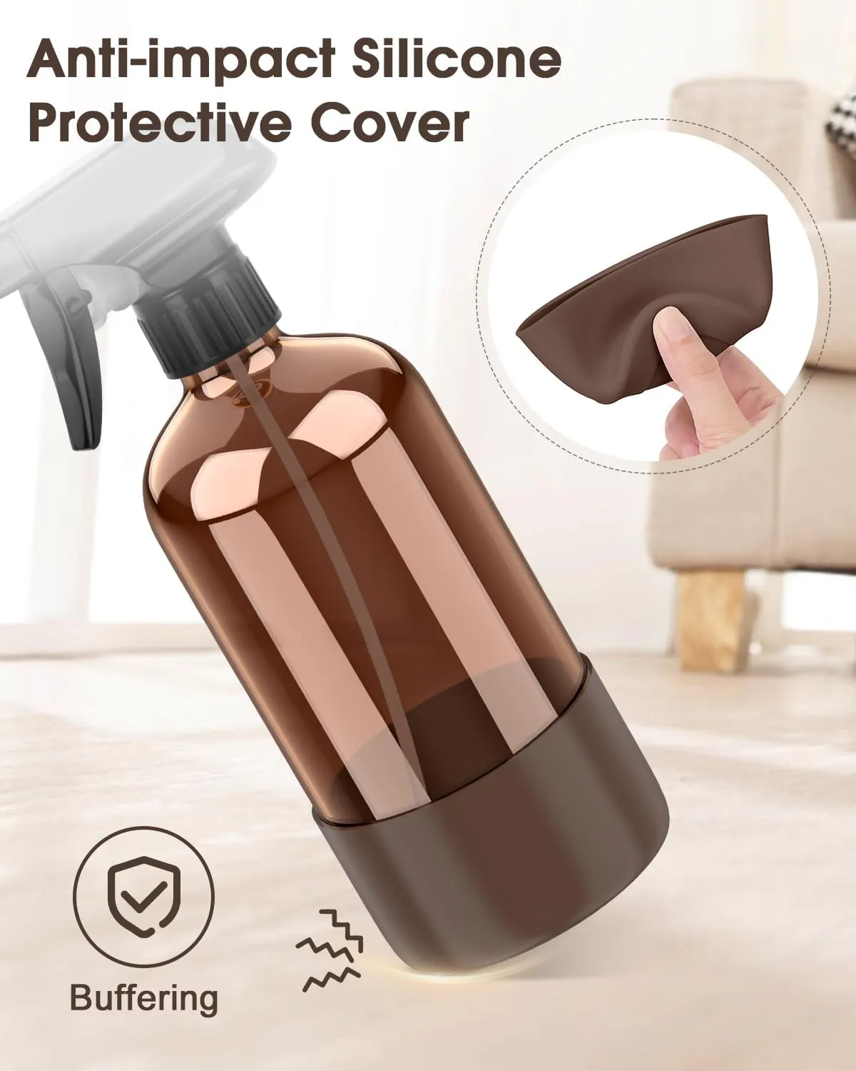 Glass Spray Bottle with Silicone Sleeve Protection, Amber Glass Spray Bottle Set for Non-toxic Window Cleaner Aromatherapy Facial Hydration Watering Flowers Hair Care 2 Pack/16 oz (Black & Brown)