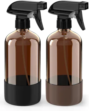 Glass Spray Bottle with Silicone Sleeve Protection, Amber Glass Spray Bottle Set for Non-toxic Window Cleaner Aromatherapy Facial Hydration Watering Flowers Hair Care 2 Pack/16 oz (Black & Brown)