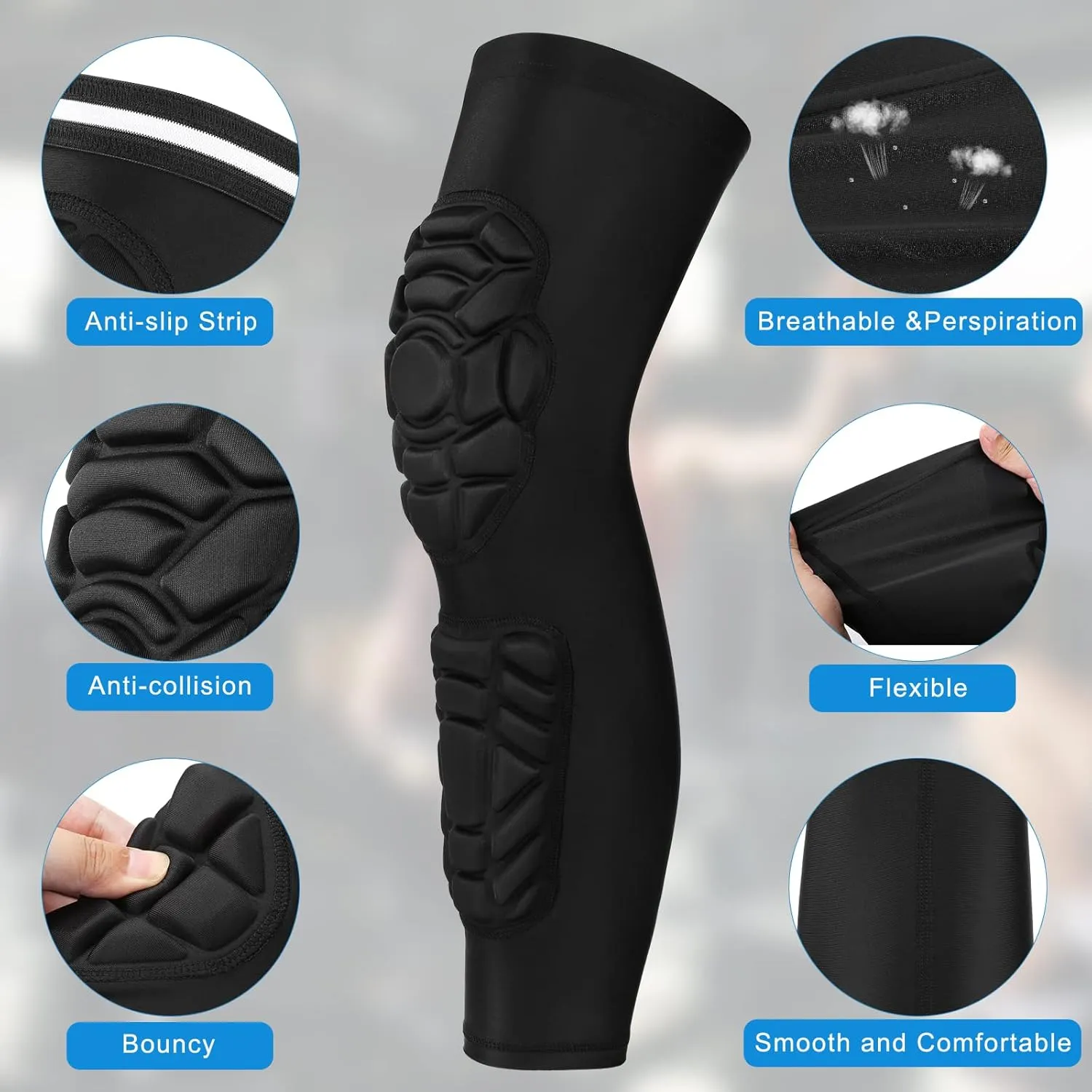 GUOZI Double Crashproof Knee Calf Pads [2 Pack], Thigh Compression Leg Sleeves Protection, Shin Brace Support for Youth Adults Sports Football Basketball Volleyball Soccer Baseball etc.