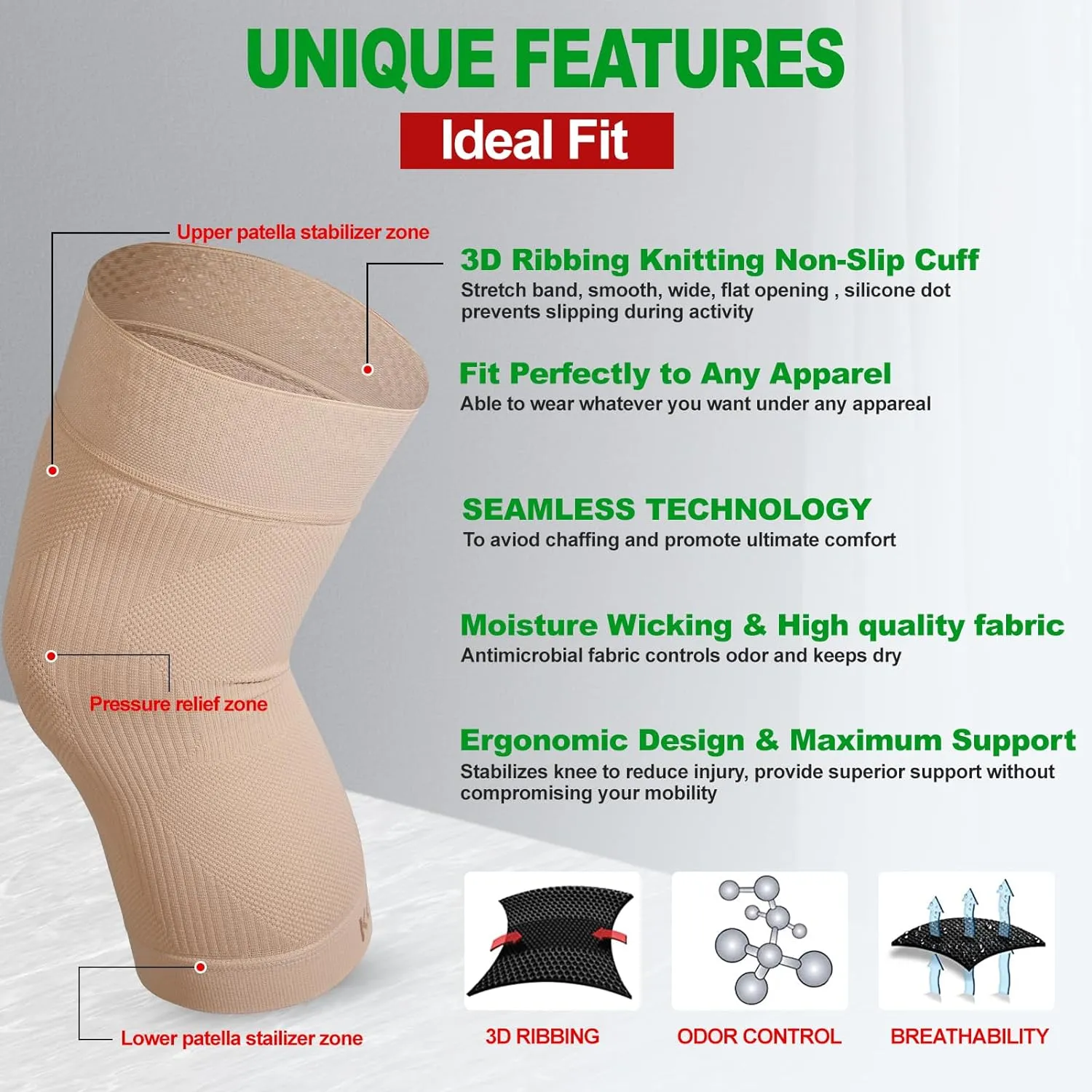 KEKING Orthopedic Brace for Tendinitis, Arthritis, ACL, MCL, Injury Recovery, Meniscus Tear, Knee Pain, Aching Knees, Patellar Tendonitis and Arthritis, Knee Compression Sleeves 2 Pack, Beige M