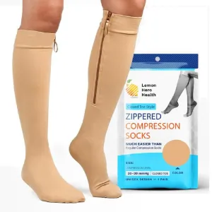 Lemon Hero Zipper Compression Socks for Women and Men Closed Toe 20-30 mmhg Zippered Compression Socks with Zip Guard