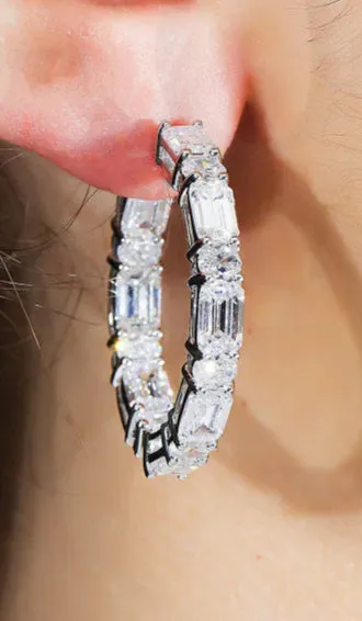 Lexy 12 Carats Lab Grown Round & Emerald Cut Diamond Inside Out Hoop Earrings in 14k White Gold