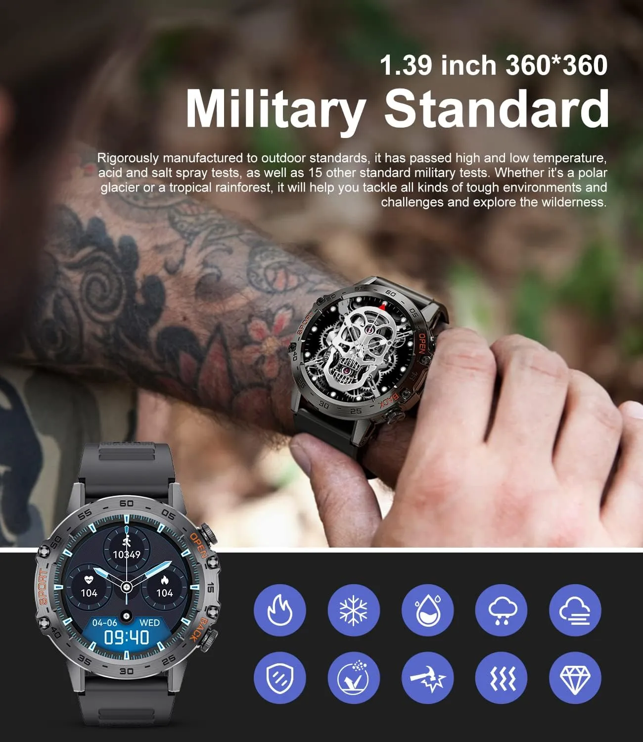 Military Smart Watch for Men Bluetooth Calls with,1.39''HD Touch Screen Tactical Smartwatch for Android and iPhone,5ATM Waterproof Fitness Watch with Blood Pressure/Heart Rate Monitor BlackSilicone