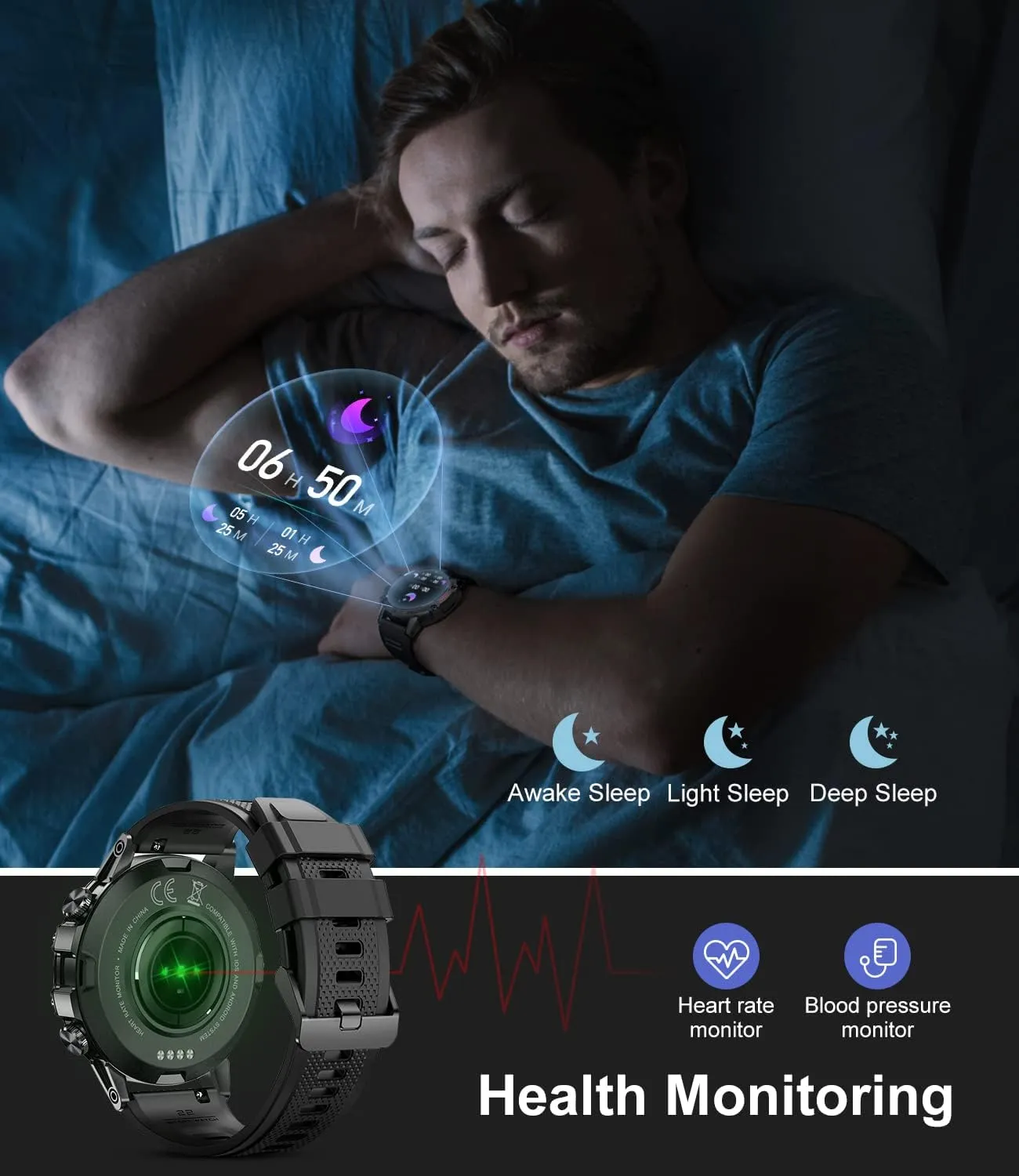 Military Smart Watch for Men Bluetooth Calls with,1.39''HD Touch Screen Tactical Smartwatch for Android and iPhone,5ATM Waterproof Fitness Watch with Blood Pressure/Heart Rate Monitor BlackSilicone