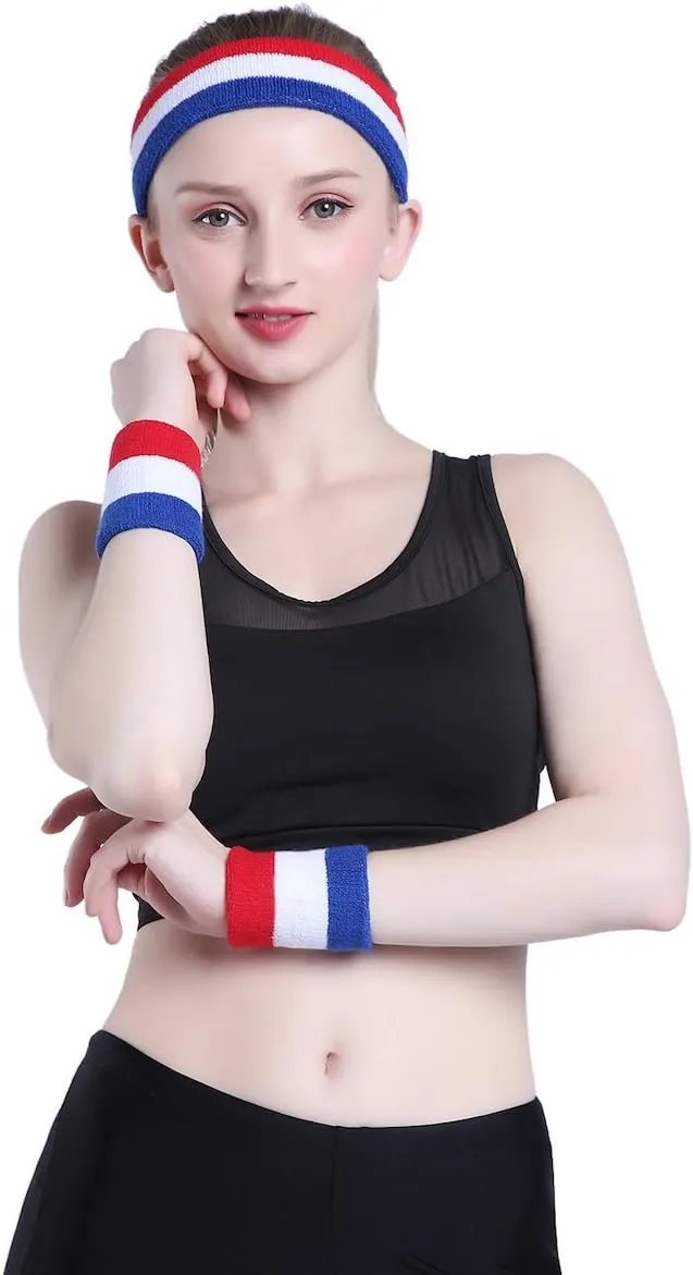 ONUPGO Sweatband Set Sports Headband Wristband Set Sweatbands Terry Cloth Wristband Wrist Sweatband Headbands Moisture Wicking Sweat Absorbing Head Band