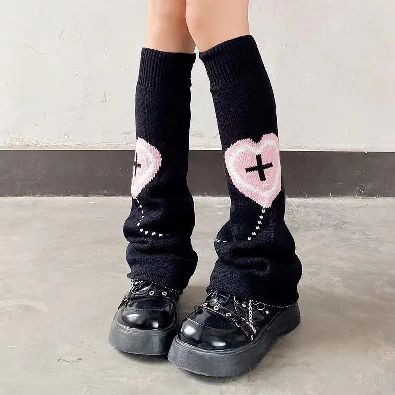 Punk Leg Warmers Heart Love Cross Knitted Socks