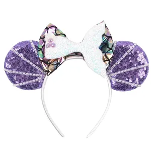 Purple Mermaid Princess Minnie Ears Headband with Sequins & Many Pearls, for Girls Disneyland Glitter Costume Cosplay Party; Z
