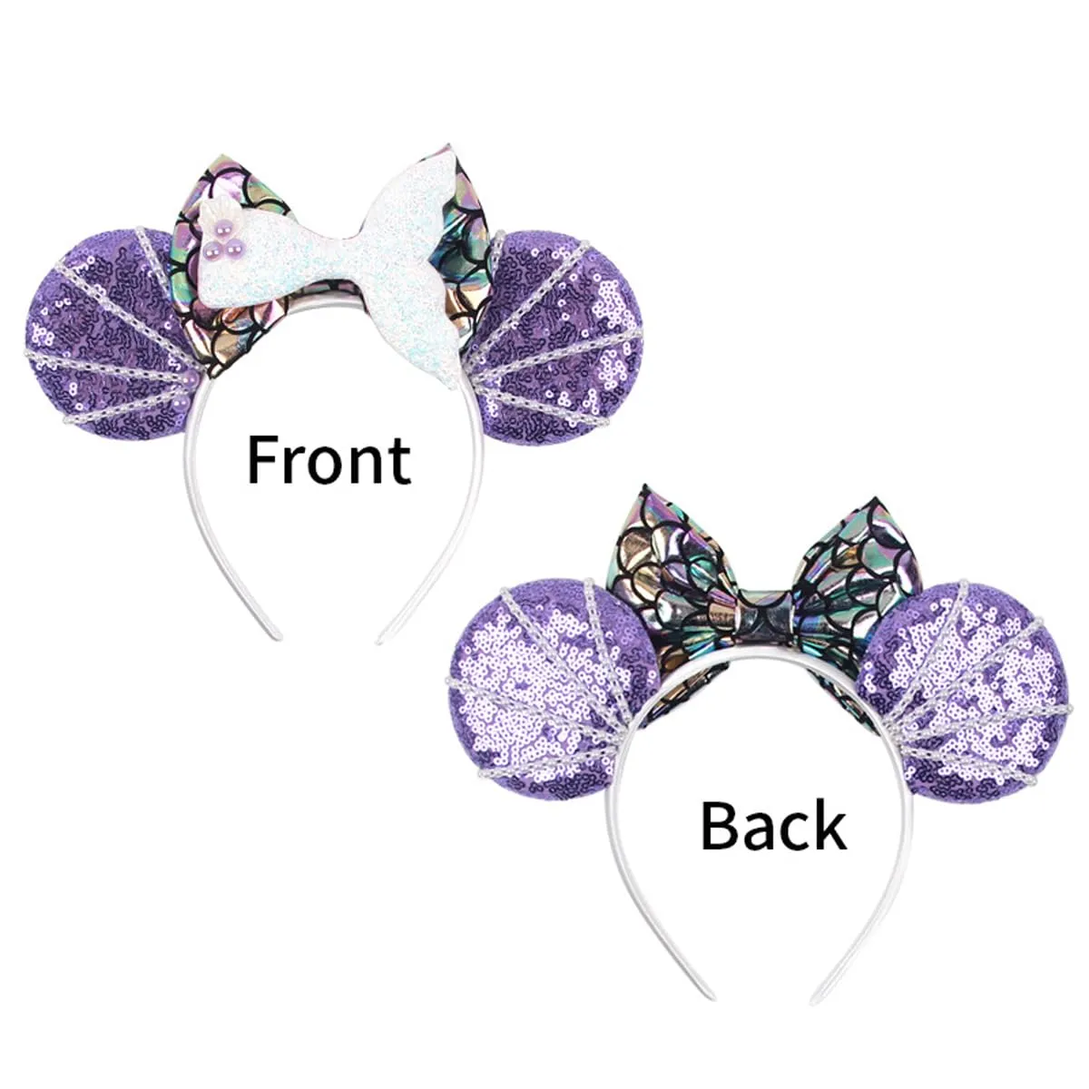 Purple Mermaid Princess Minnie Ears Headband with Sequins & Many Pearls, for Girls Disneyland Glitter Costume Cosplay Party; Z