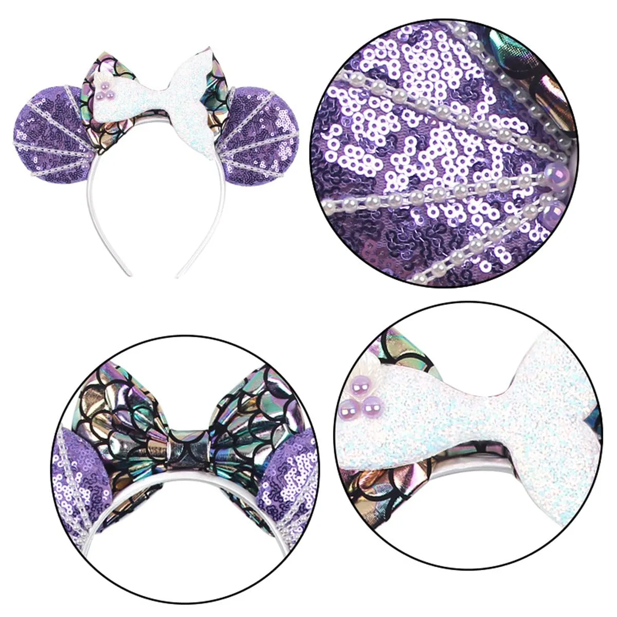 Purple Mermaid Princess Minnie Ears Headband with Sequins & Many Pearls, for Girls Disneyland Glitter Costume Cosplay Party; Z