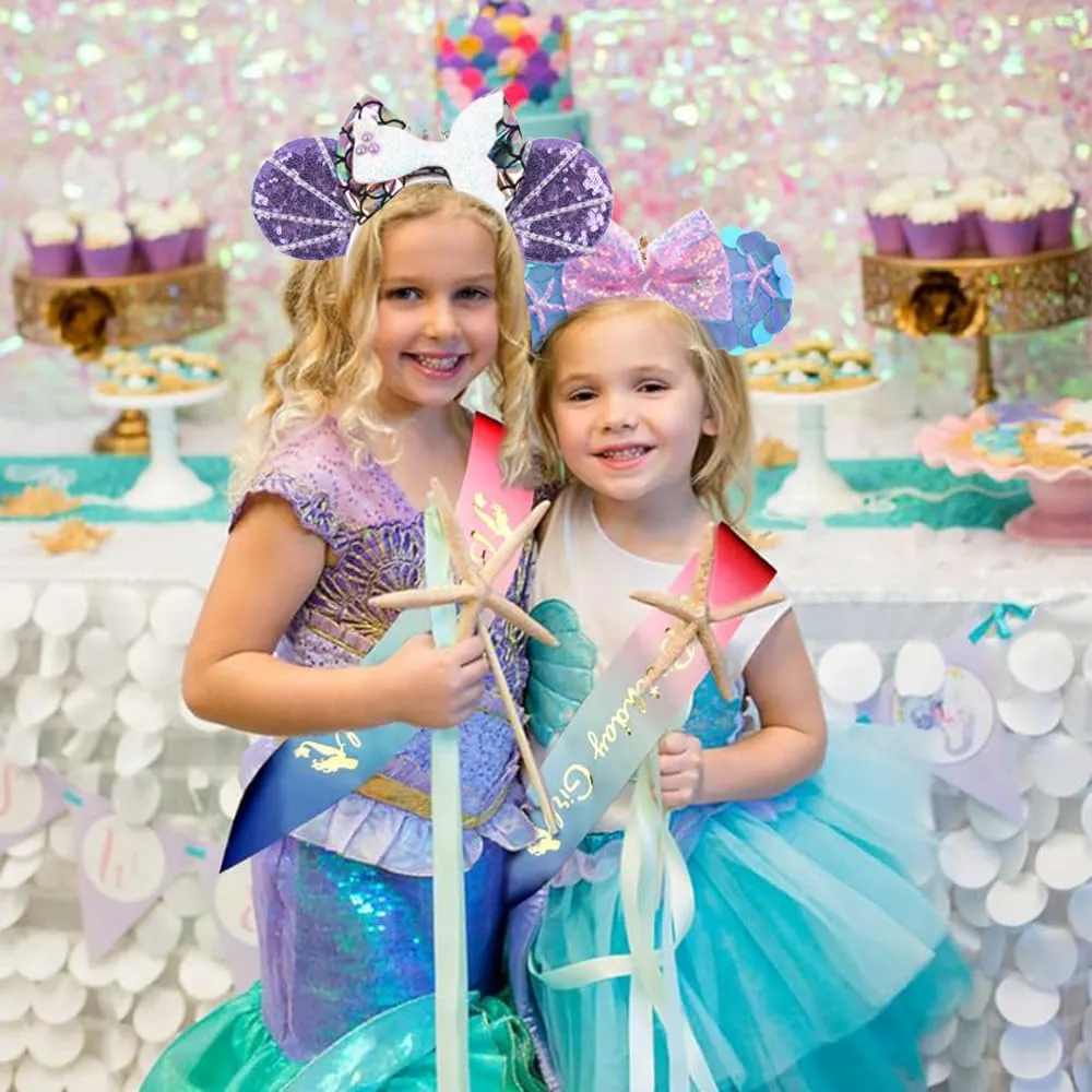 Purple Mermaid Princess Minnie Ears Headband with Sequins & Many Pearls, for Girls Disneyland Glitter Costume Cosplay Party; Z