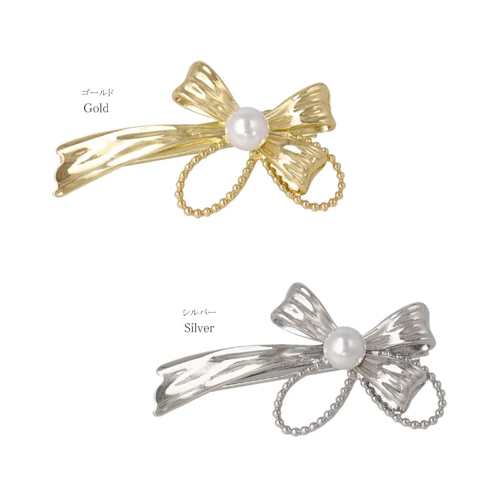 Ribbon Bow Faux Pearl Pinch Clip
