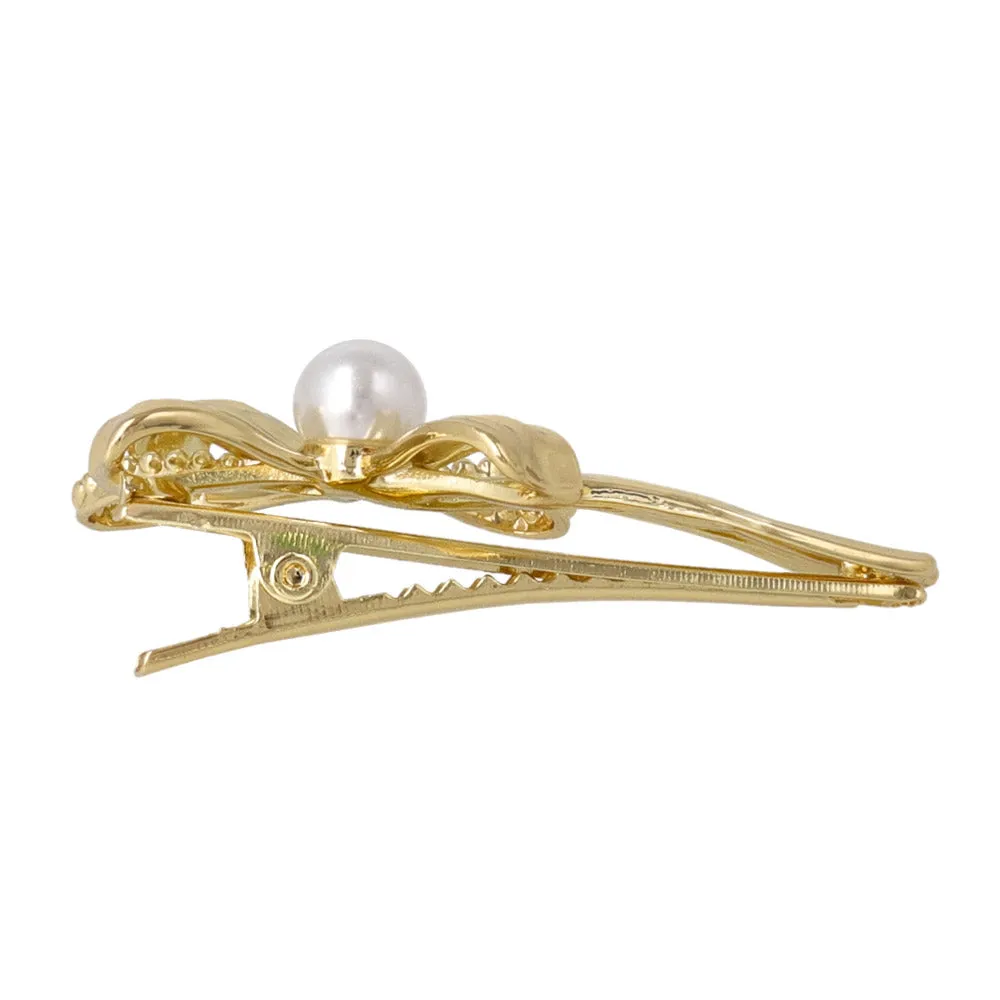 Ribbon Bow Faux Pearl Pinch Clip