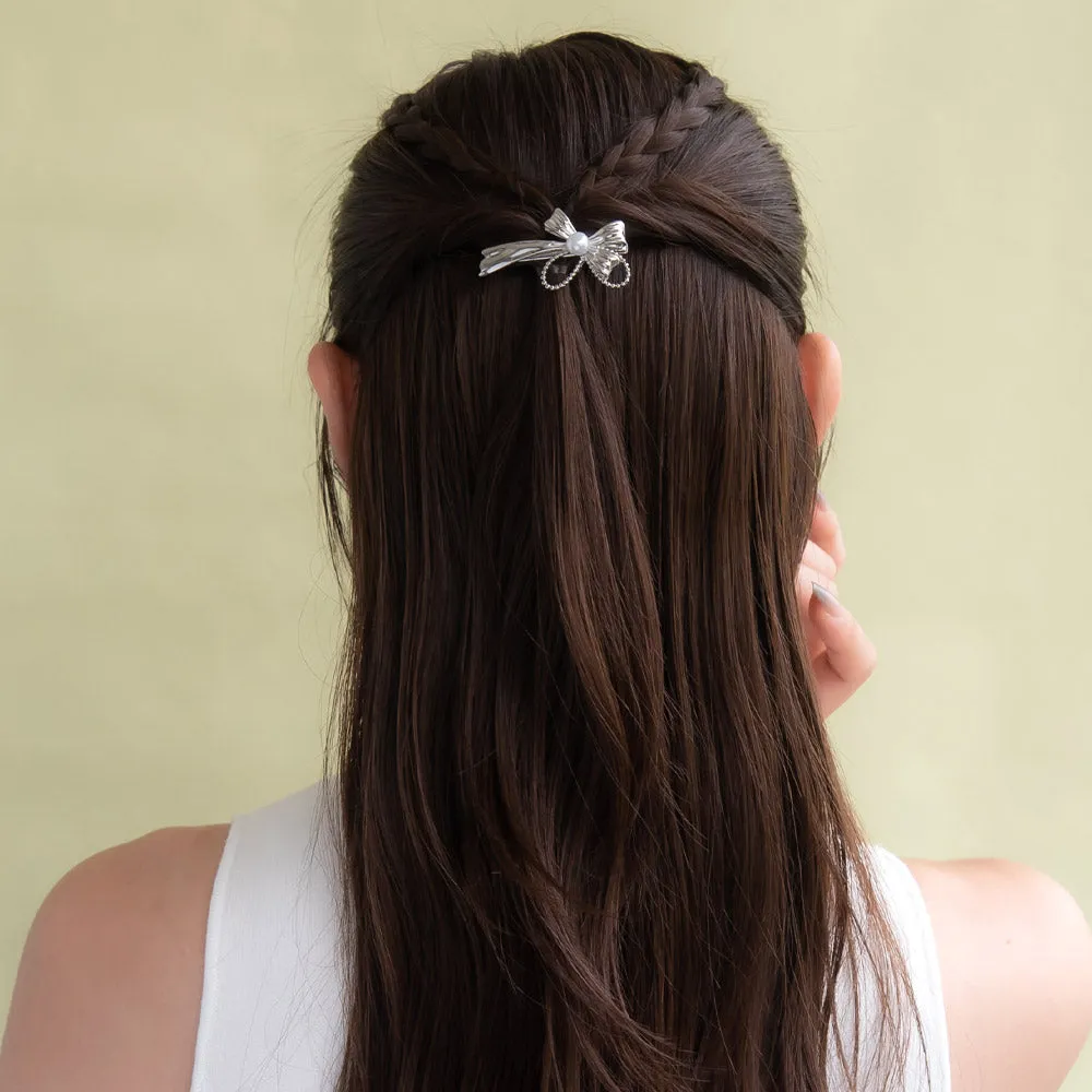 Ribbon Bow Faux Pearl Pinch Clip