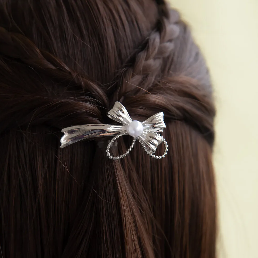 Ribbon Bow Faux Pearl Pinch Clip