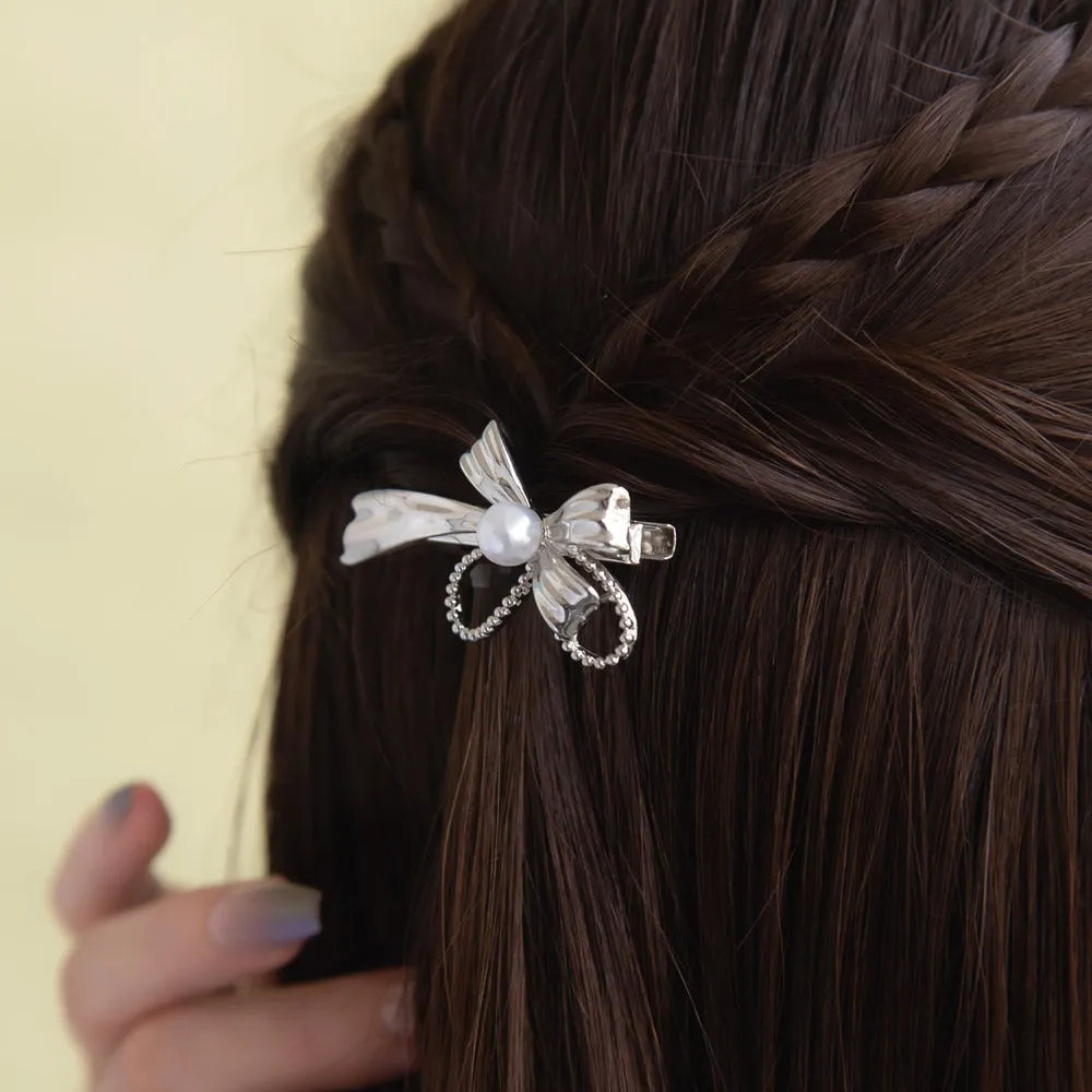 Ribbon Bow Faux Pearl Pinch Clip