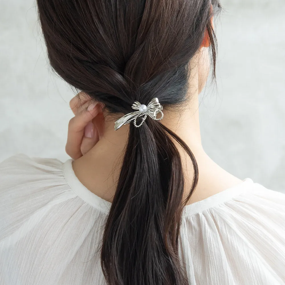 Ribbon Bow Faux Pearl Pinch Clip