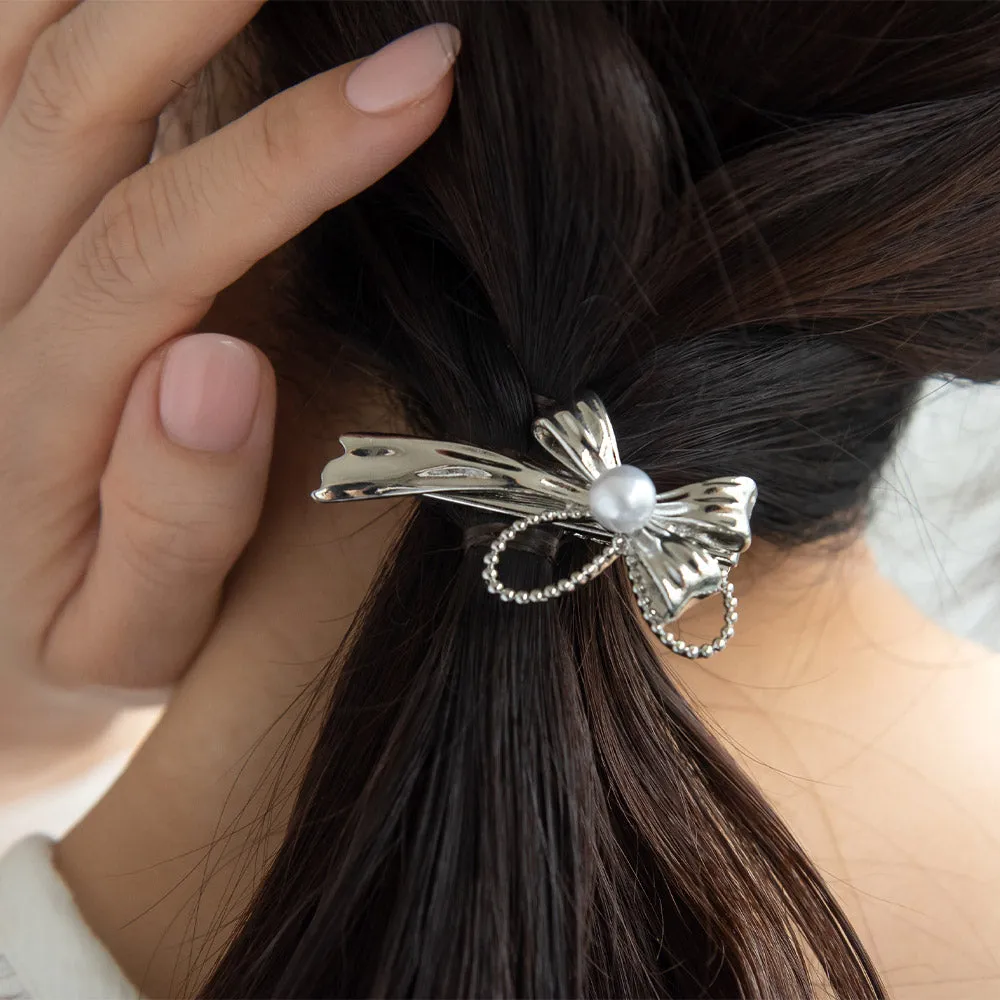Ribbon Bow Faux Pearl Pinch Clip