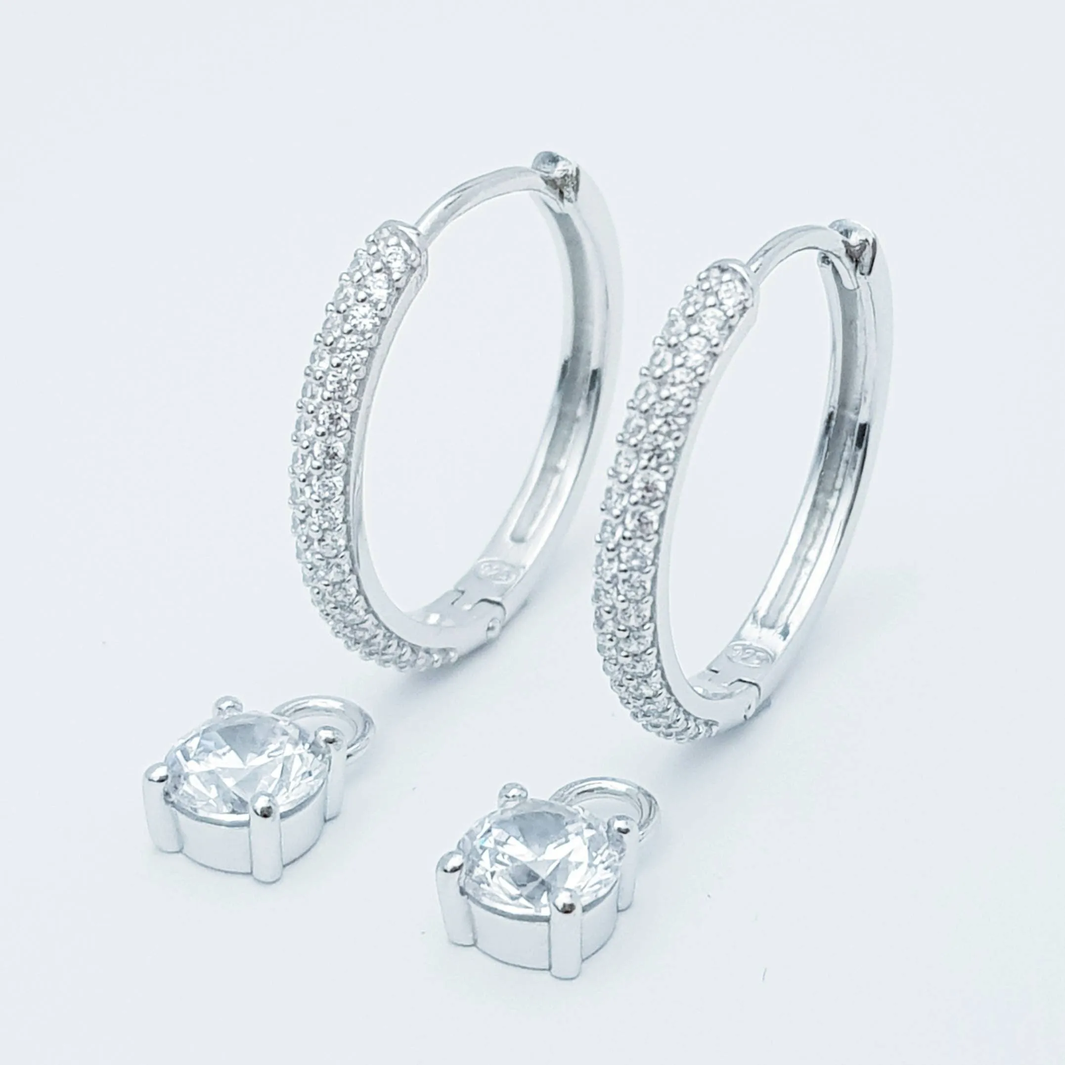 Two earrings in one, silver huggie earrings, faux diamond huggies, diamond drop lever back earrings
