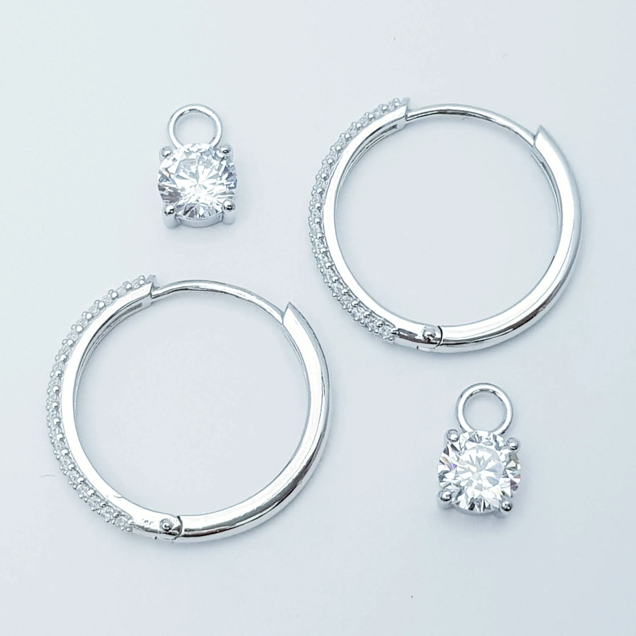 Two earrings in one, silver huggie earrings, faux diamond huggies, diamond drop lever back earrings