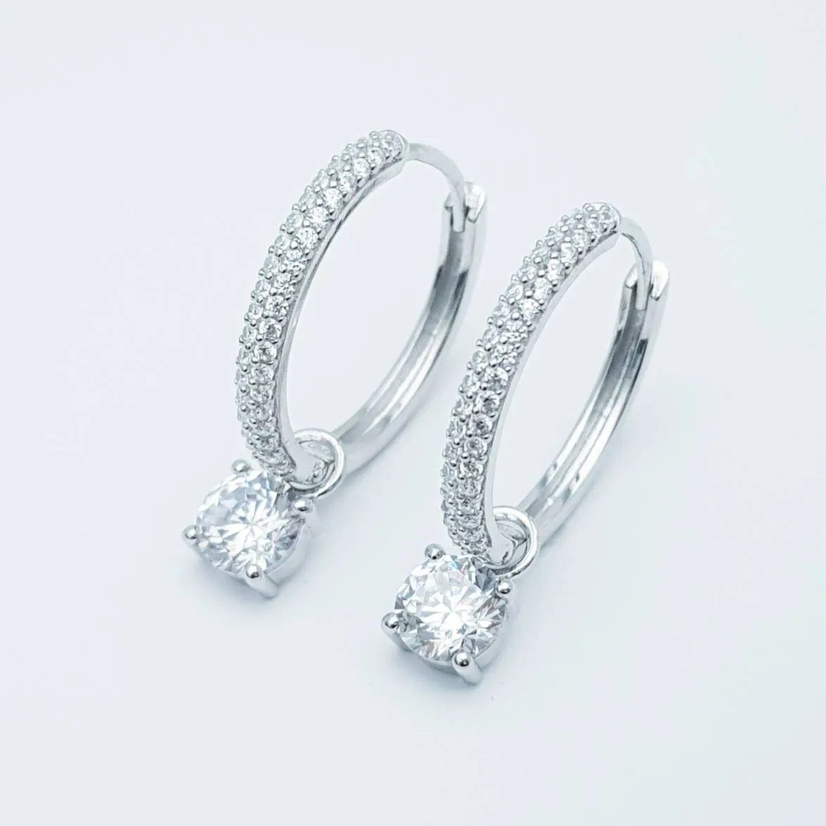 Two earrings in one, silver huggie earrings, faux diamond huggies, diamond drop lever back earrings