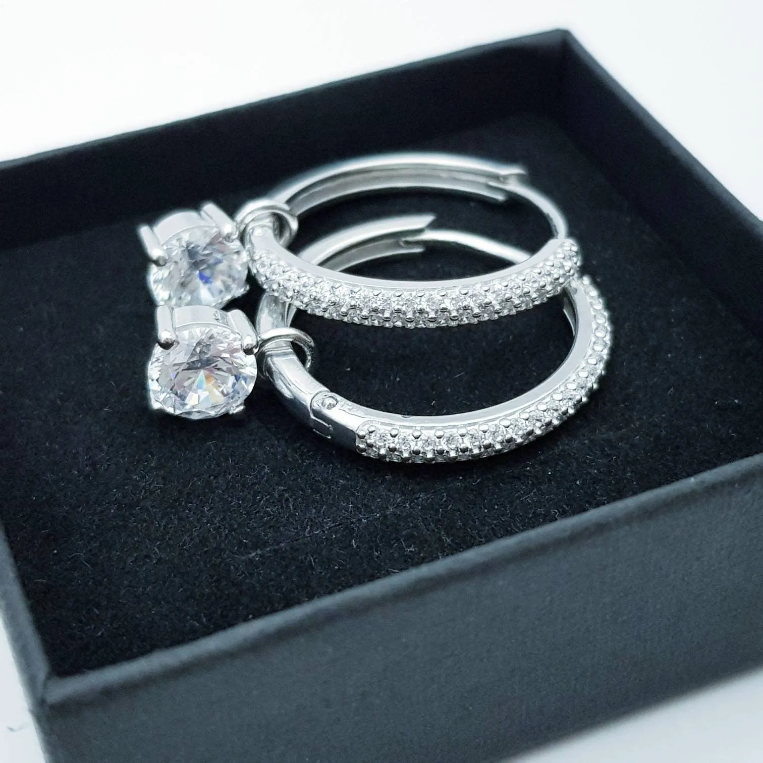Two earrings in one, silver huggie earrings, faux diamond huggies, diamond drop lever back earrings