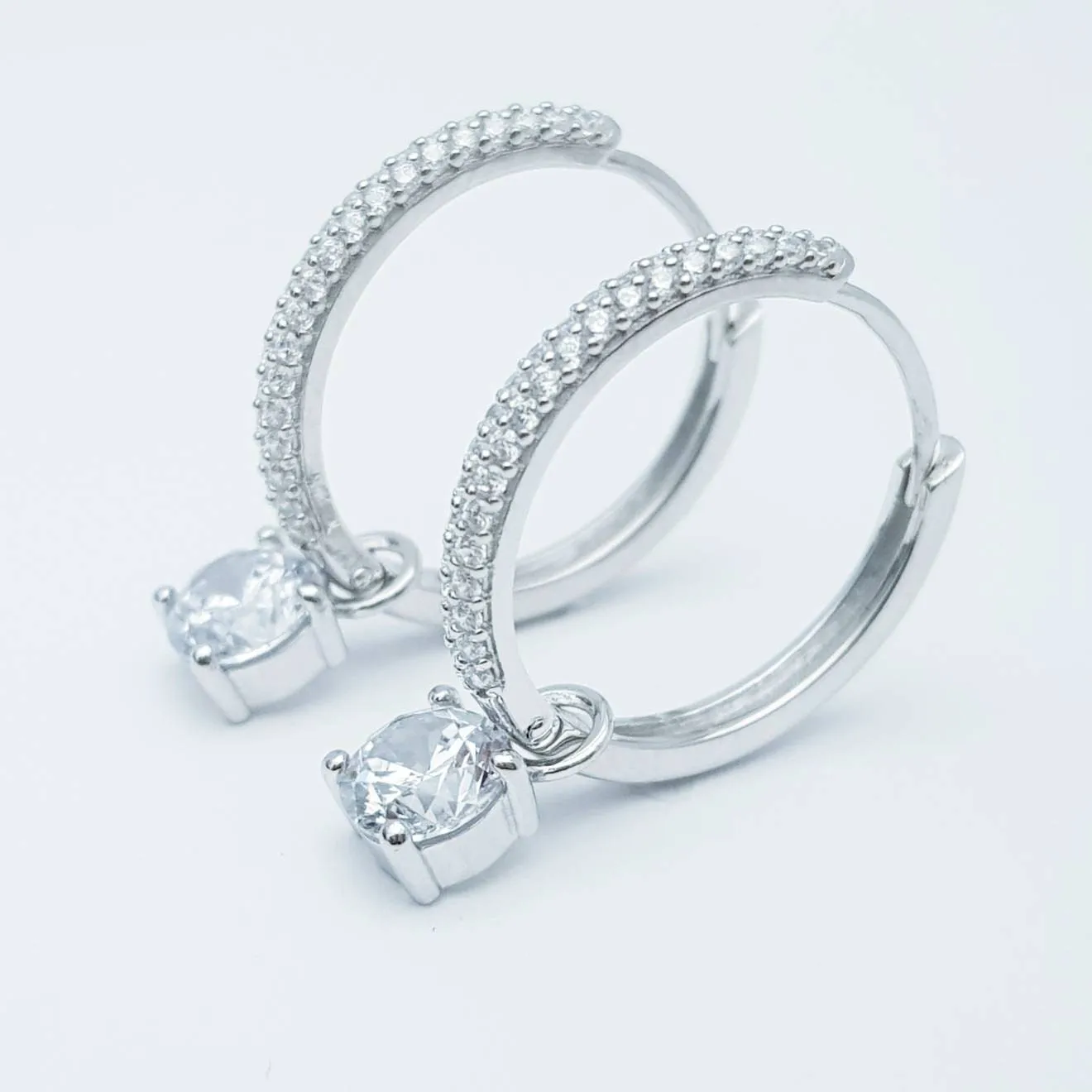 Two earrings in one, silver huggie earrings, faux diamond huggies, diamond drop lever back earrings