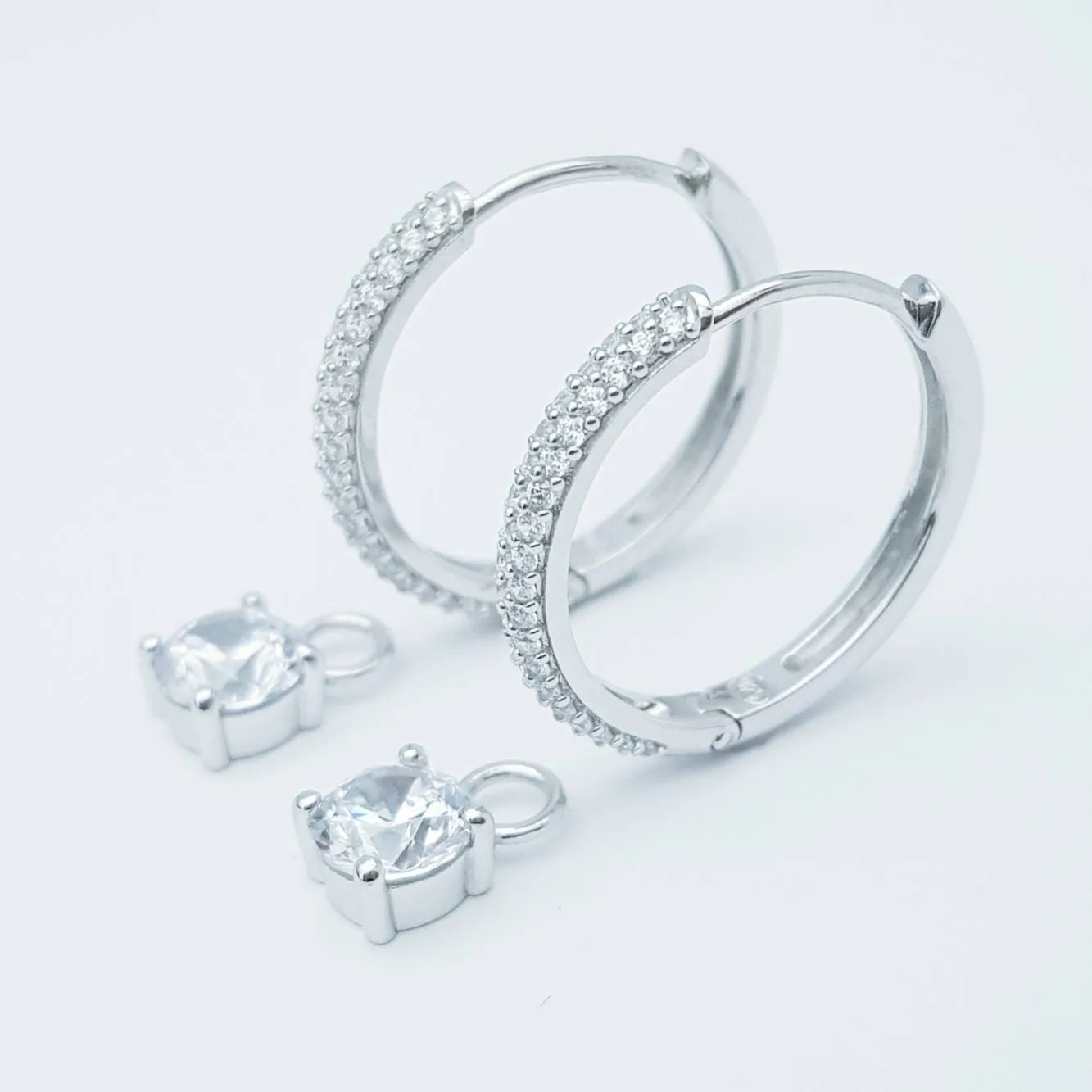 Two earrings in one, silver huggie earrings, faux diamond huggies, diamond drop lever back earrings