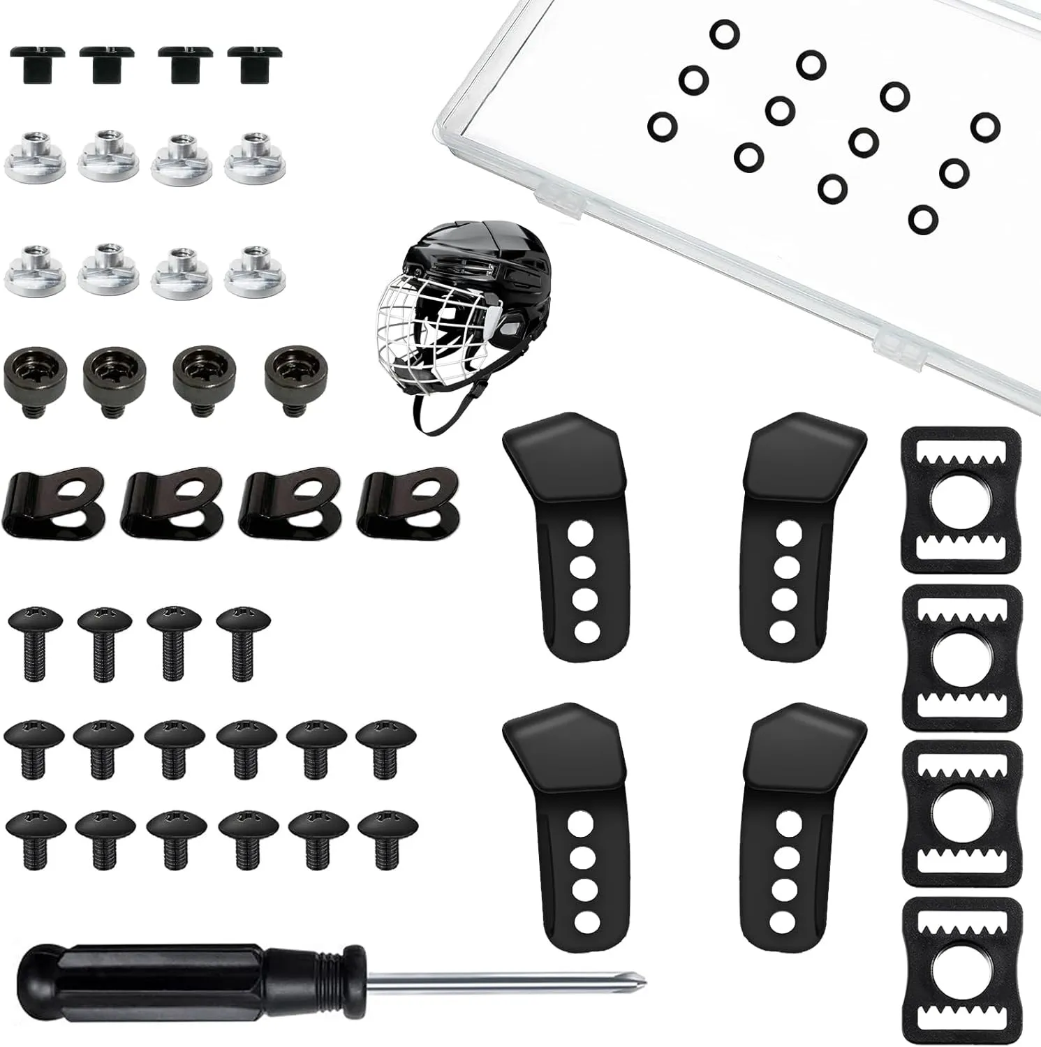 Universal Hockey Helmet Repair Kit, Ice Hockey Helmet Replacement Parts, Face Mask Cage Fix Kit, Includes Replacement J Clips, R Clips, Posts & Bolts (US Standard), for Kids, Teens, Adults